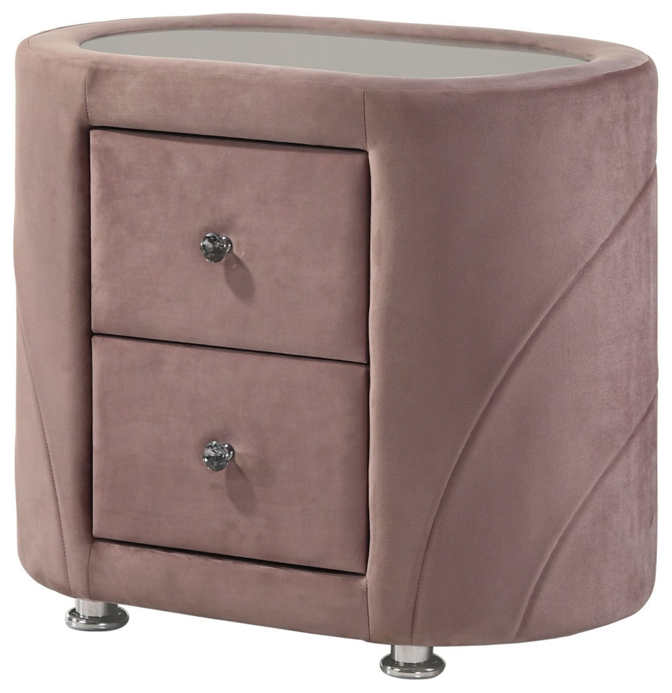 Contemporary Nightstand, Oval Shaped Design With Velvet Cover & 2