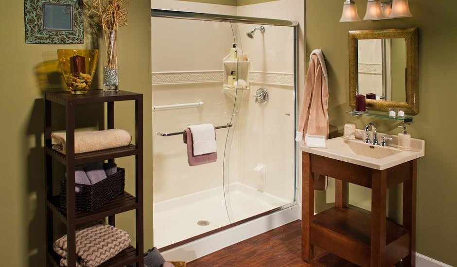 This is an example of a mid-sized traditional master bathroom in Philadelphia with open cabinets, medium wood cabinets, an alcove shower, a two-piece toilet, green walls, medium hardwood floors, an integrated sink and laminate benchtops.