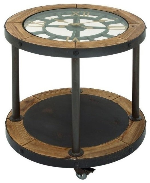 Brown Industrial Metal Accent Table 25, Industrial Metal Round Clock Coffee Table
