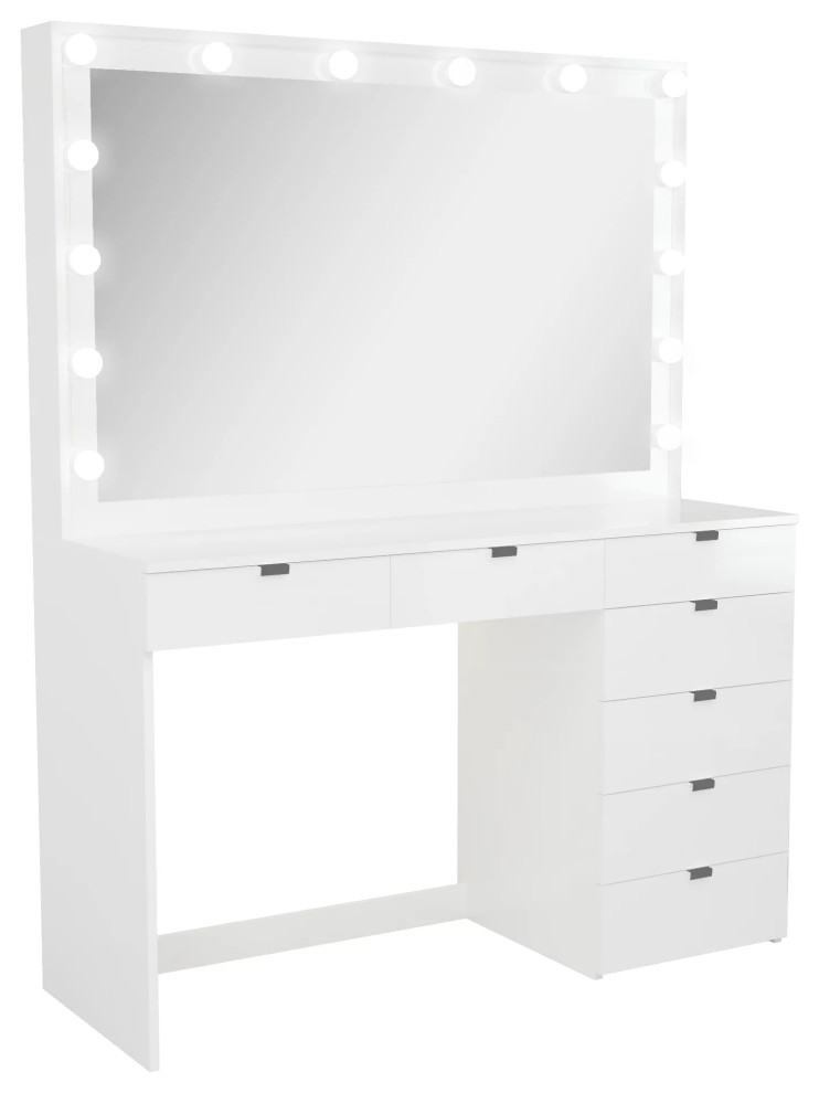 Modern Vanity Table, Large Tabletop With Lighted Mirror & Side USB