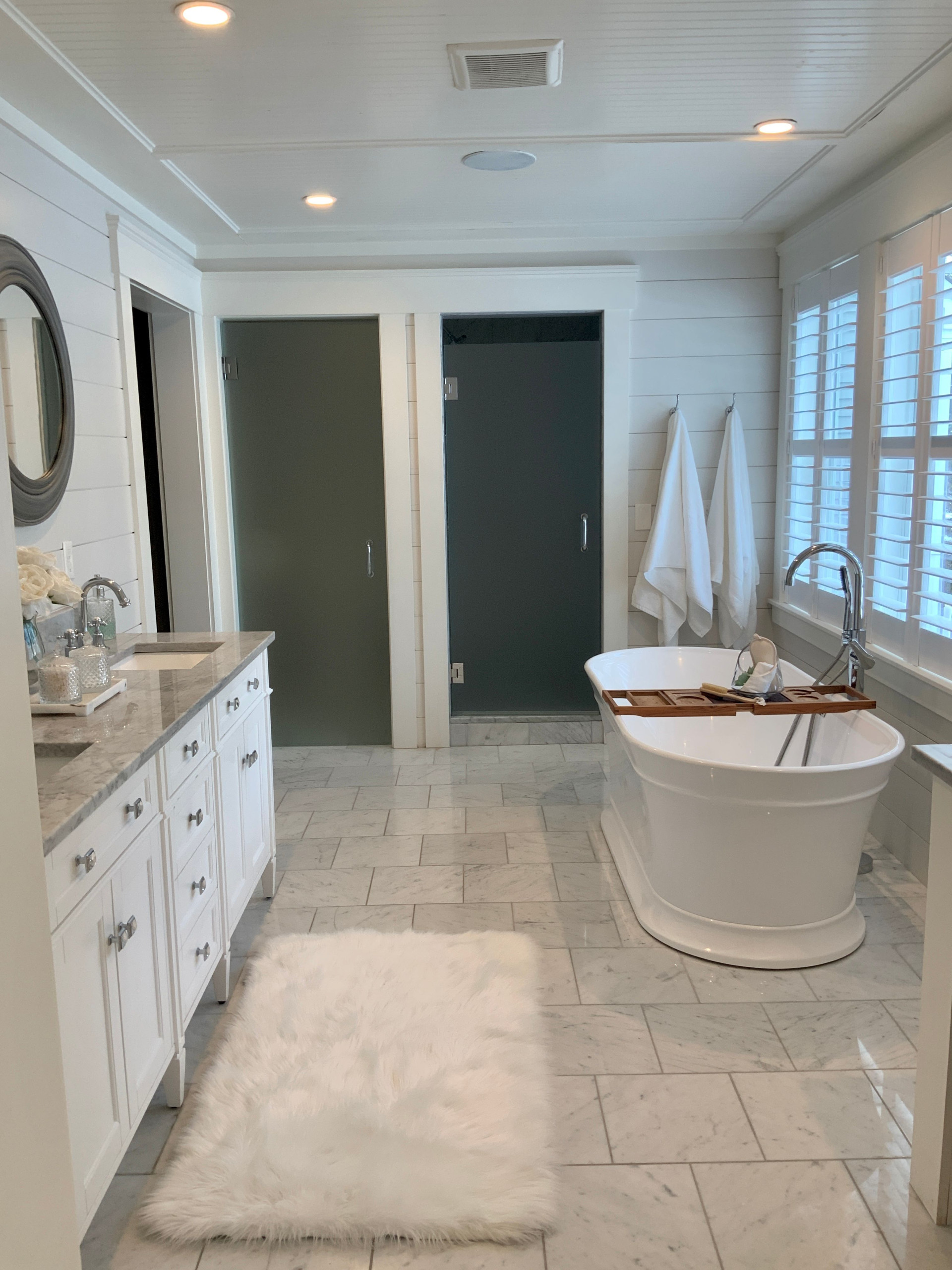 Marble Master Bathroom with Gray Shiplap Accent Wall - Transitional -  Bathroom