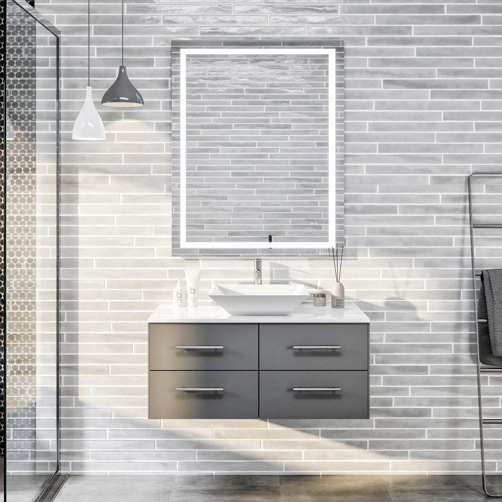 Totti Wave 36 inch Gray Modern Bathroom Vanity with White Glassos Countertop and