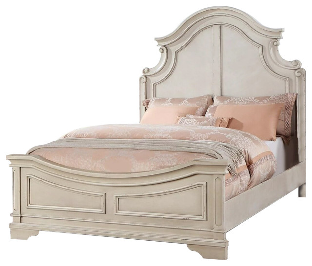 Bev Classic Queen Size Bed With Scalloped and Trimmed Design, Cream White Contemporary