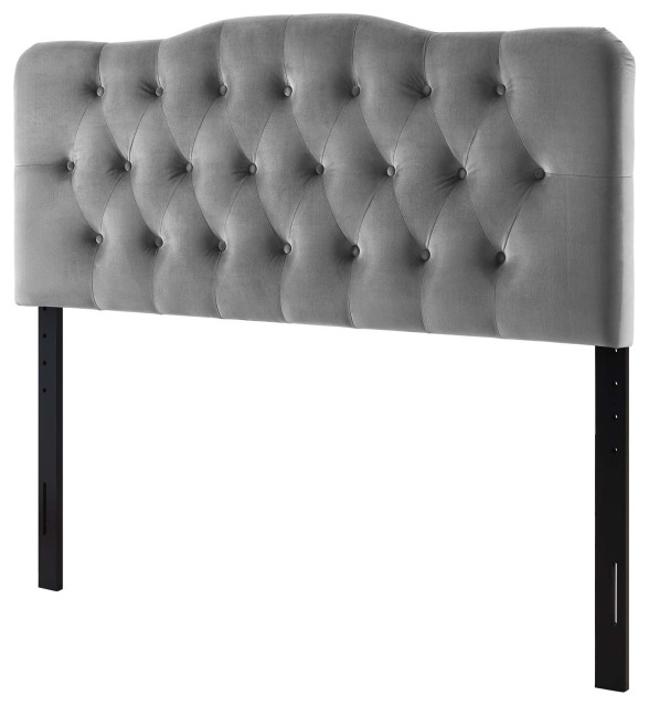 Contemporary Modern King Size Tufted Headboard, Velvet Fabric, Grey