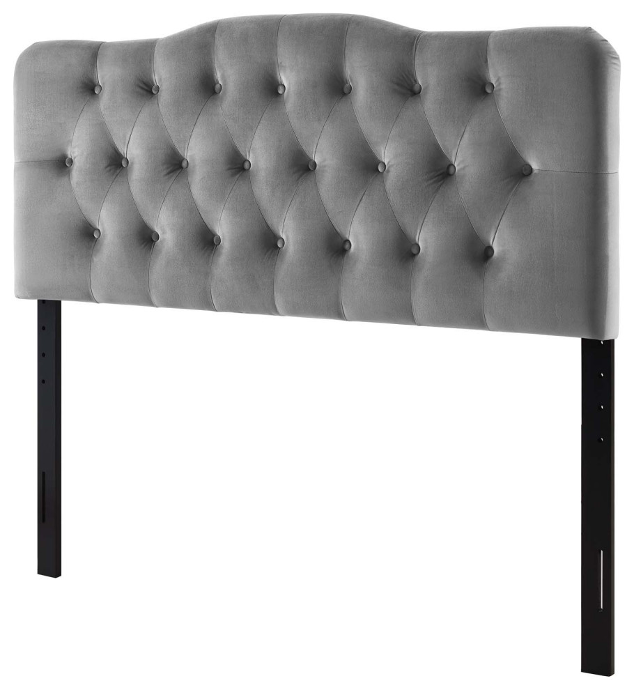 Contemporary Modern King Size Tufted Headboard, Velvet Fabric, Grey