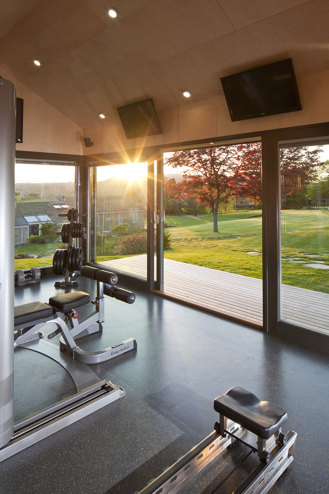 Mid-sized contemporary home weight room in Other with beige walls, linoleum floors and grey floor.