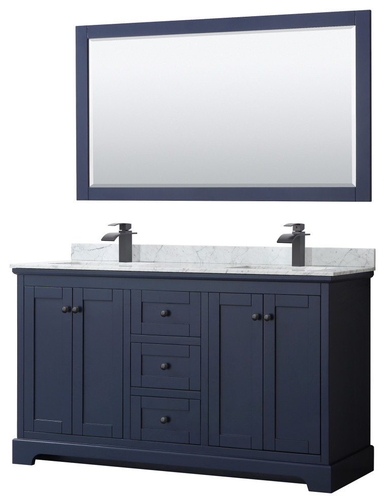 Avery 60" Double Vanity, Dark Blue, Top, Square Matte Black Trim, 58
