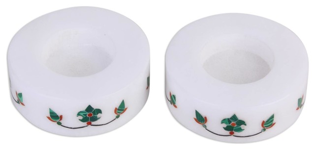 Novica Floral Symmetry In Green Marble Tealight Holders, Set of 2