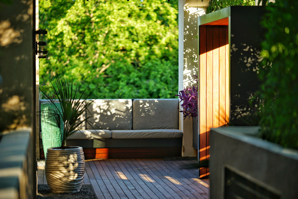 Ispirazione per un piccolo giardino moderno esposto a mezz'ombra davanti casa in estate con pedane e recinzione in metallo