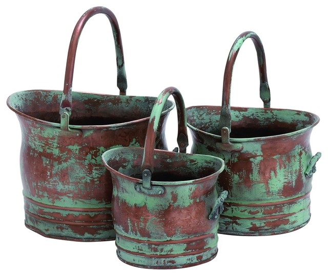 Benzara BM01164 Green Tinged Metal Bucket Planter With Handles, Set Of 3