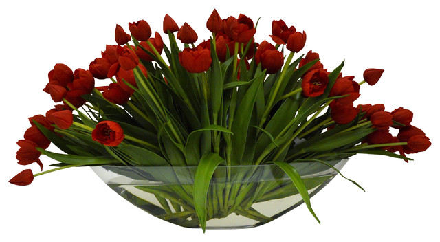 Red Tulips In Gl Vase Traditional Artificial Flowers Plants Red Tulips In Gl Vase