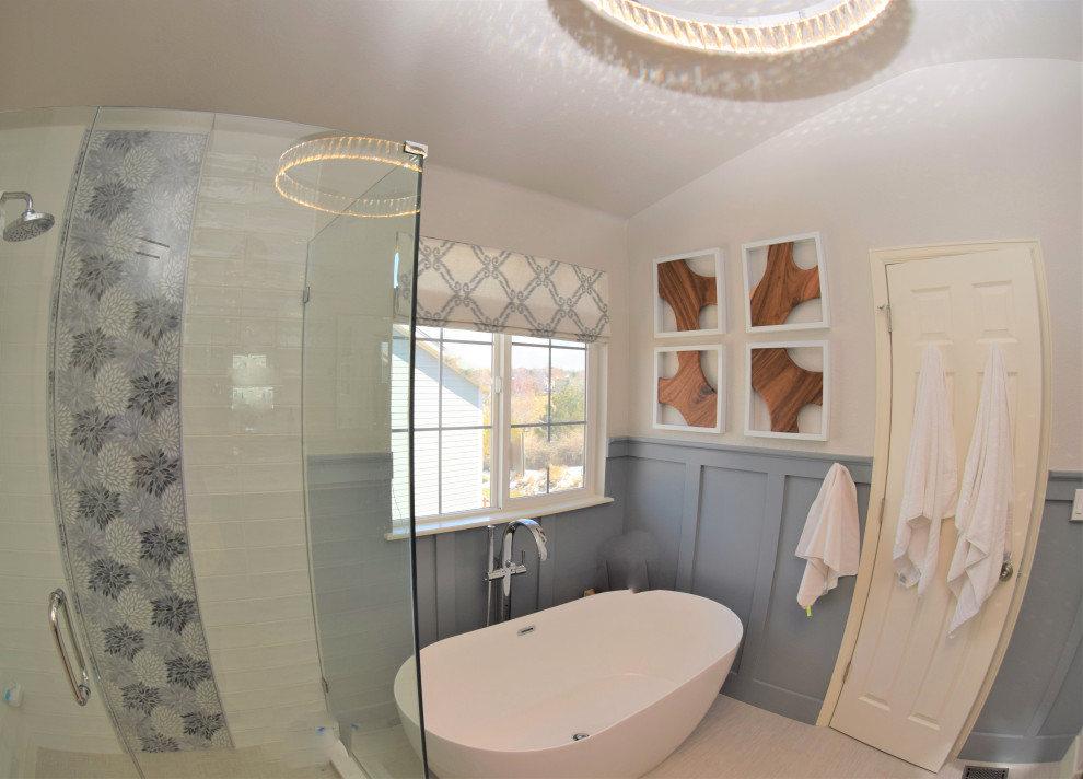 Design ideas for a medium sized country ensuite bathroom in Denver with raised-panel cabinets, grey cabinets, a corner shower, engineered stone worktops, a hinged door, white worktops, double sinks, a built in vanity unit and tongue and groove walls.