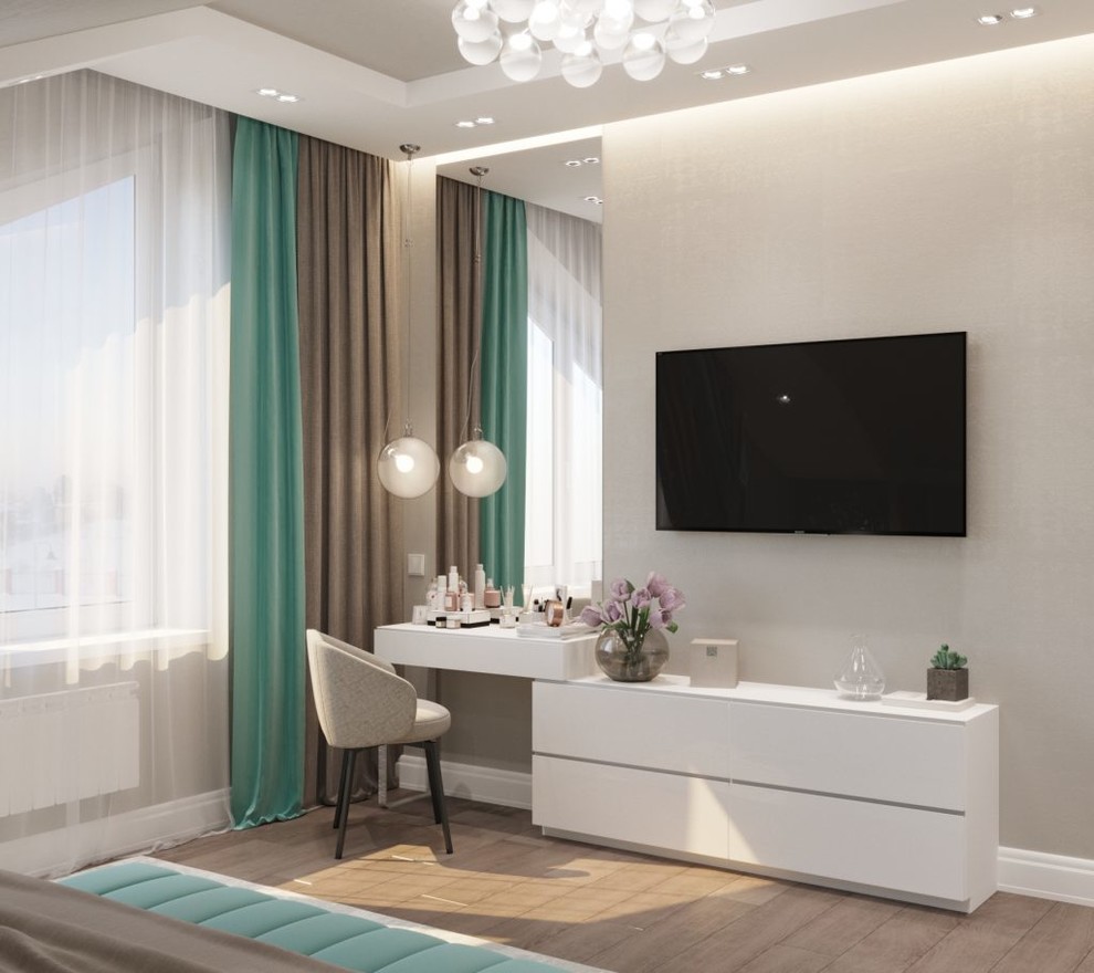 Спальня на мансарде в бирюзовых тонах