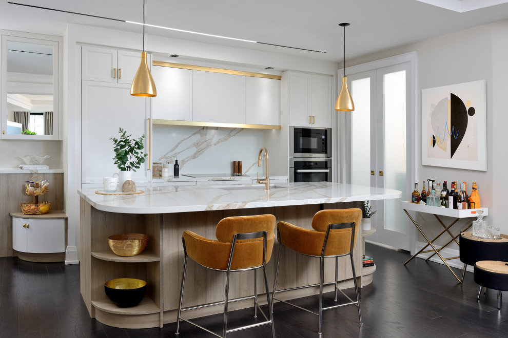 Design ideas for a small contemporary galley eat-in kitchen in Toronto with an undermount sink, shaker cabinets, white cabinets, quartz benchtops, white splashback, engineered quartz splashback, stainless steel appliances, dark hardwood floors, with island, beige floor, yellow benchtop and coffered.