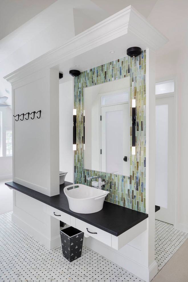 Mid-sized modern kids bathroom in Boston with recessed-panel cabinets, white cabinets, black and white tile, ceramic tile, beige walls, porcelain floors, a trough sink and granite benchtops.