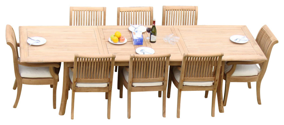 9-Piece Teak Dining Set, 117" Extension Rectangle Table, 8 Giva Arm Chairs