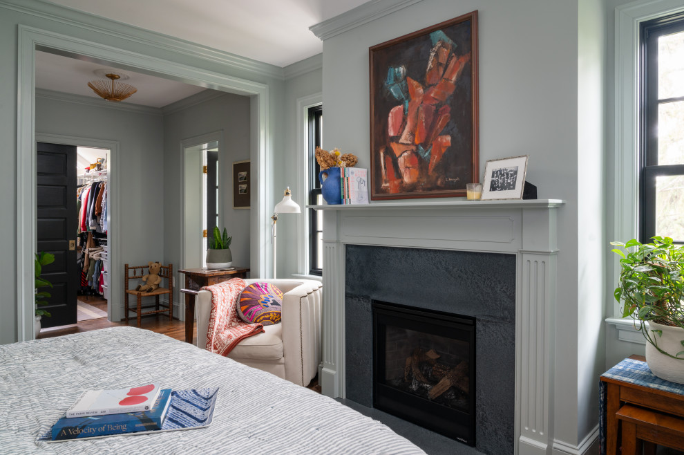 Bedroom - transitional master bedroom idea in DC Metro with a standard fireplace and a stone fireplace