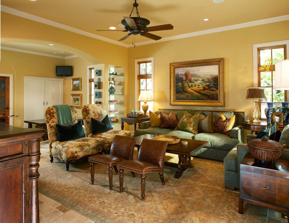 Design ideas for a traditional family room in Dallas with a game room, beige walls and travertine floors.