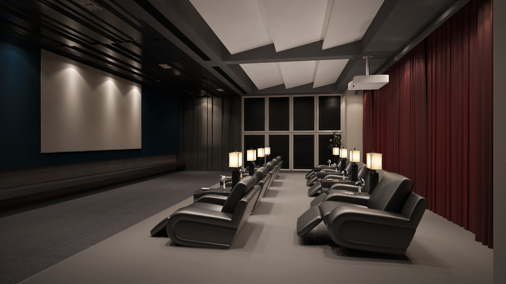 Design ideas for a large modern enclosed home theatre in Atlanta with carpet, a projector screen, white walls and grey floor.