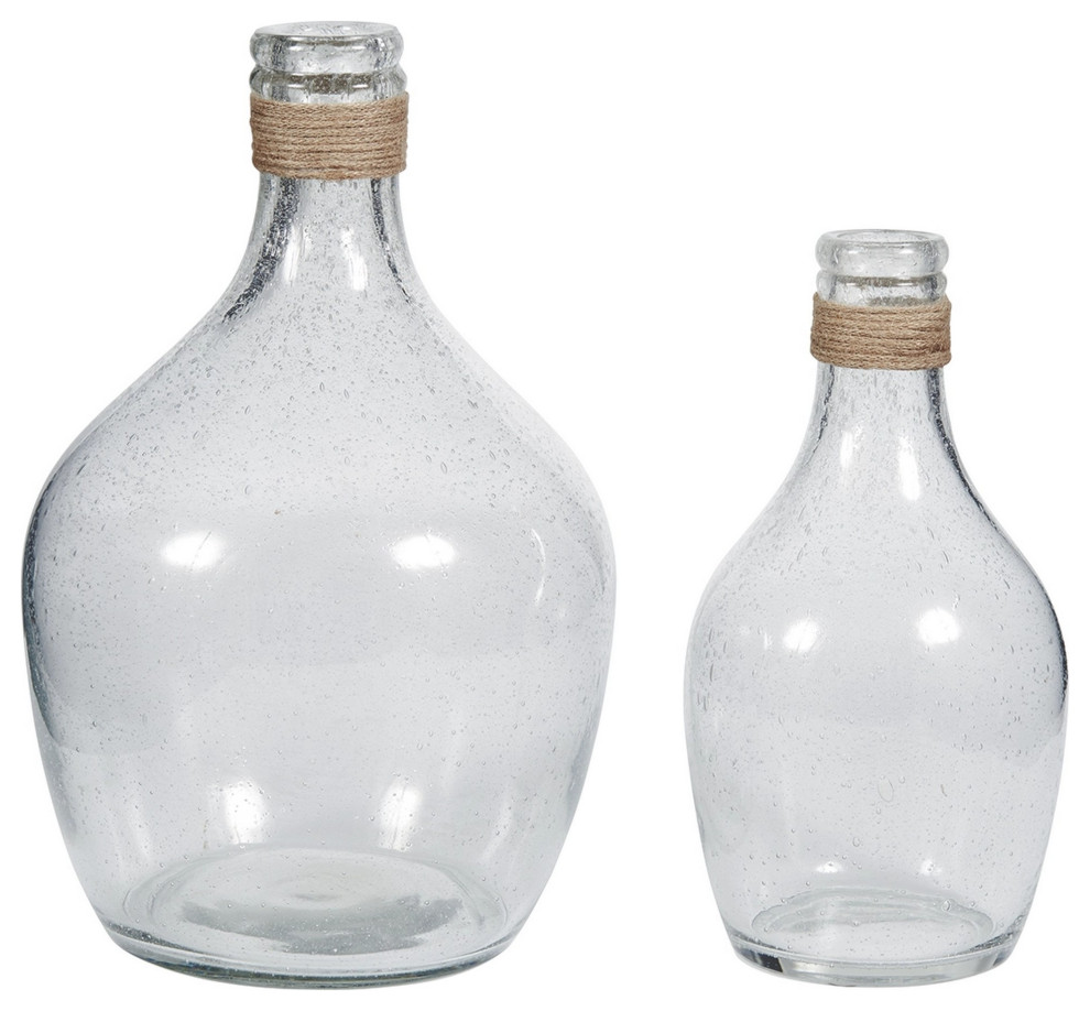 Benzara BM246950 Vase With Bottleneck and Rope Accent, 2-Piece Set, Clear