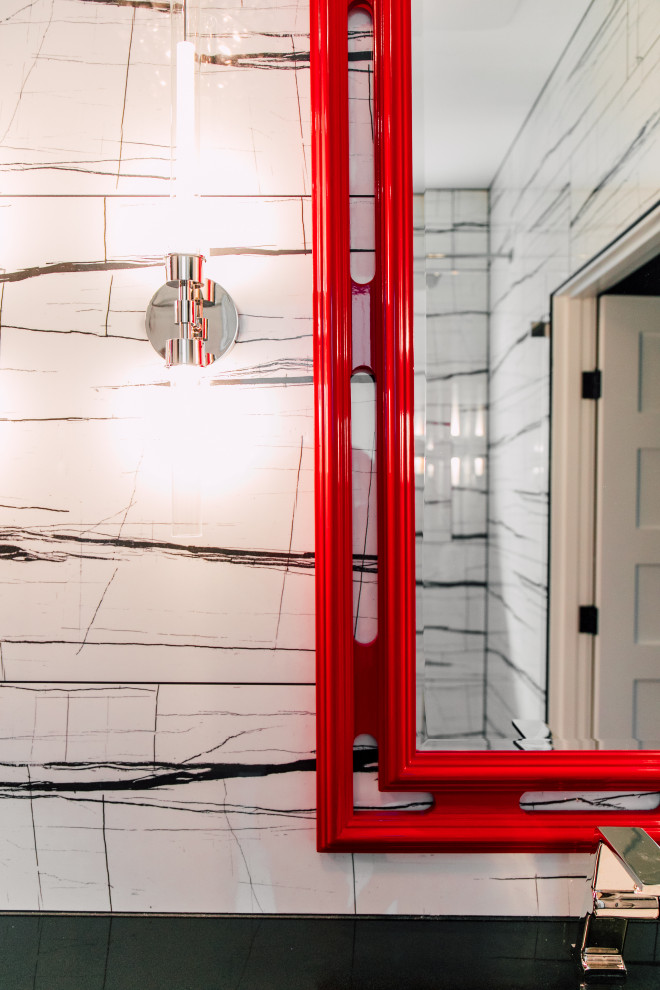 This is an example of a medium sized world-inspired ensuite bathroom in Seattle with shaker cabinets, red cabinets, a built-in shower, a wall mounted toilet, black and white tiles, porcelain tiles, white walls, porcelain flooring, a submerged sink, engineered stone worktops, grey floors, a hinged door, black worktops, a wall niche, double sinks and a floating vanity unit.