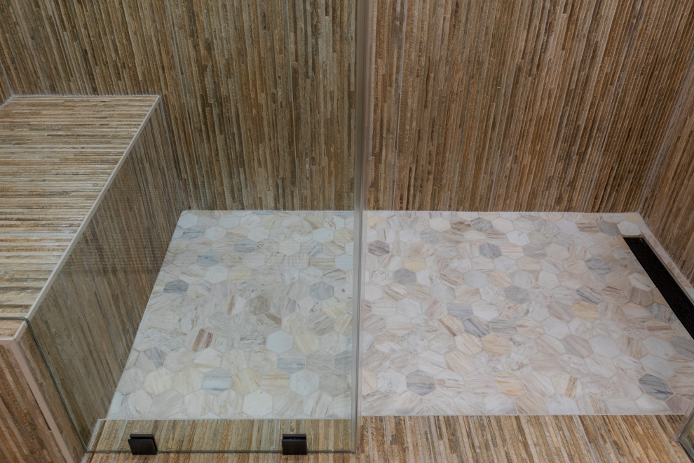 Mid-sized minimalist 3/4 brown tile and ceramic tile ceramic tile, beige floor, double-sink and brick wall corner shower photo in Seattle with flat-panel cabinets, brown cabinets, a two-piece toilet, white walls, an undermount sink, quartz countertops, a hinged shower door, white countertops and a freestanding vanity