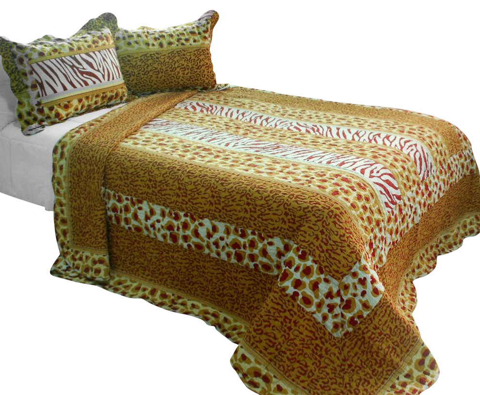 Golden Time Cotton 3PC Vermicelli-Quilted Printed Quilt Set (Full/Queen)