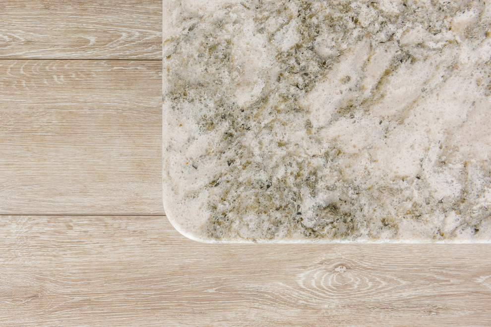 Mid-sized transitional galley vinyl floor and beige floor open concept kitchen photo with an undermount sink, recessed-panel cabinets, white cabinets, quartz countertops, white backsplash, stone tile backsplash, stainless steel appliances, a peninsula and multicolored countertops