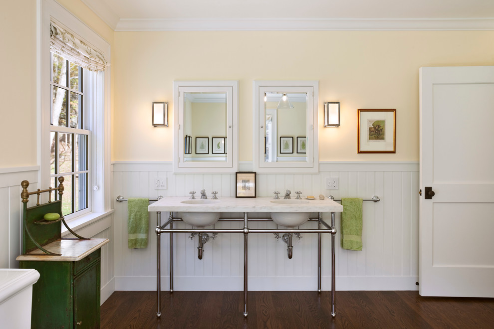 Traditional bathroom in New York with a console sink.
