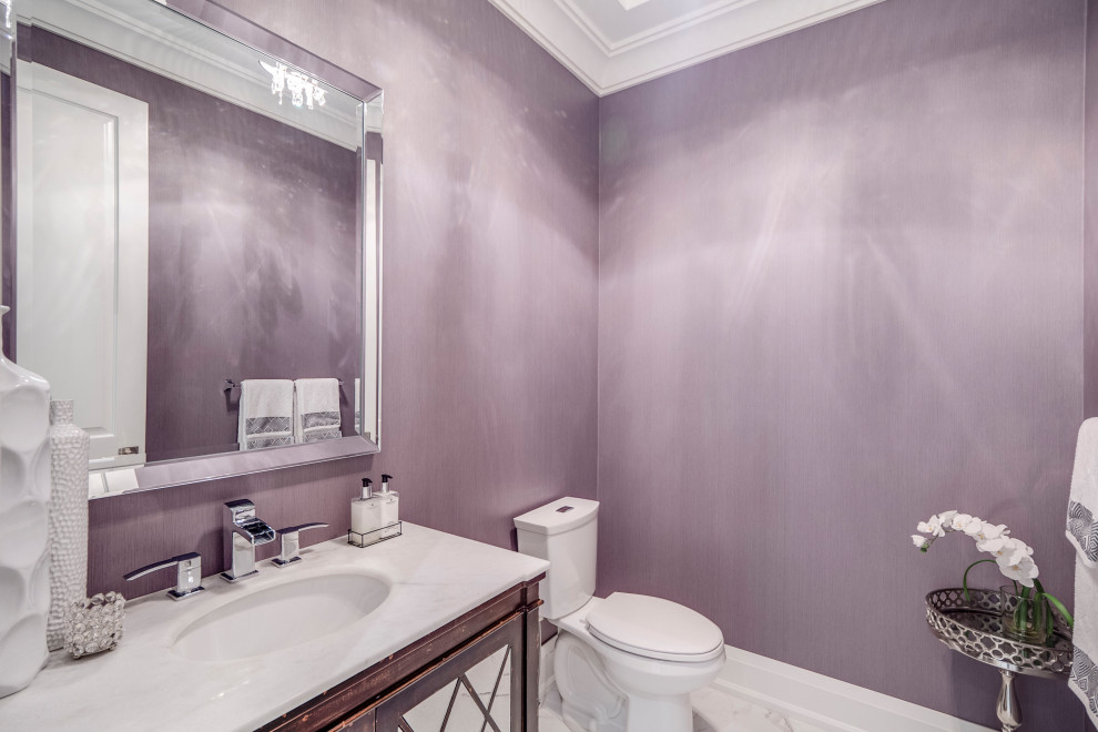 Transitional powder room in Toronto with furniture-like cabinets, distressed cabinets, grey walls, porcelain floors, marble benchtops, white floor and white benchtops.
