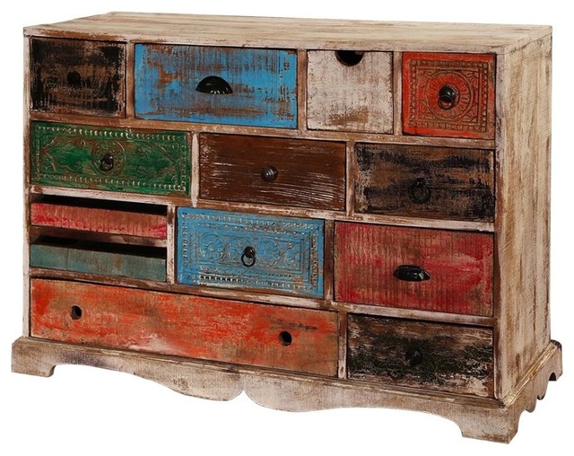 Rustic Rainbow Mango Wood 13 Drawer Accent Horizontal Dresser