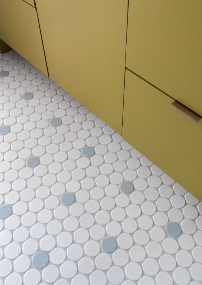 Hex Tile Floor and Green Cabinets