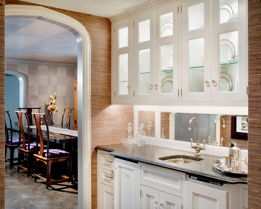 This is an example of a large traditional galley wet bar in Chicago with an undermount sink, glass-front cabinets, white cabinets, granite benchtops, mirror splashback and dark hardwood floors.