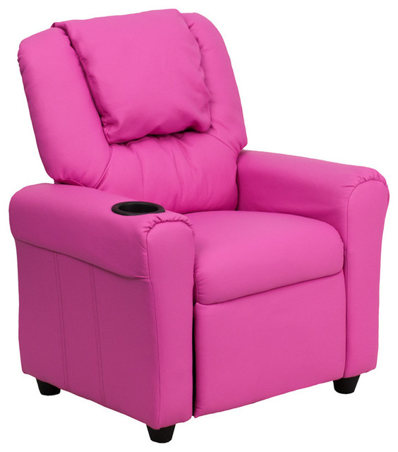 Contemporary Hot Pink Vinyl Kids Recliner with Cup Holder