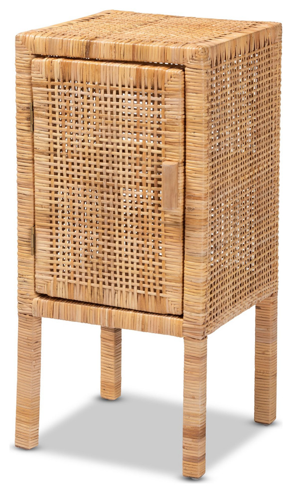 Modern Bohemian Nightstand, Mahogany Wood With Natural Rattan, Natural