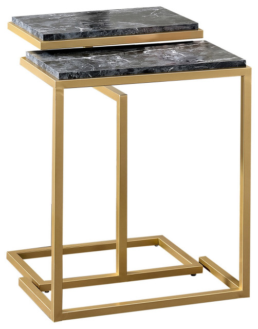 2 Piece End Table, Nesting Design With Golden Frame and Faux Marble Top