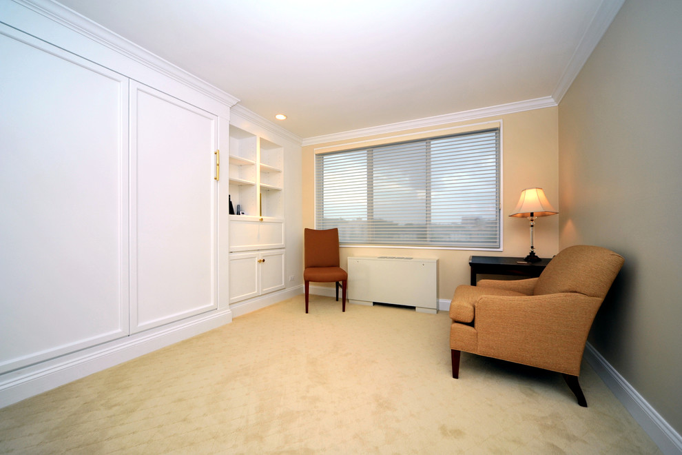 This is an example of a large traditional master bedroom in DC Metro with beige walls, carpet, no fireplace and yellow floor.