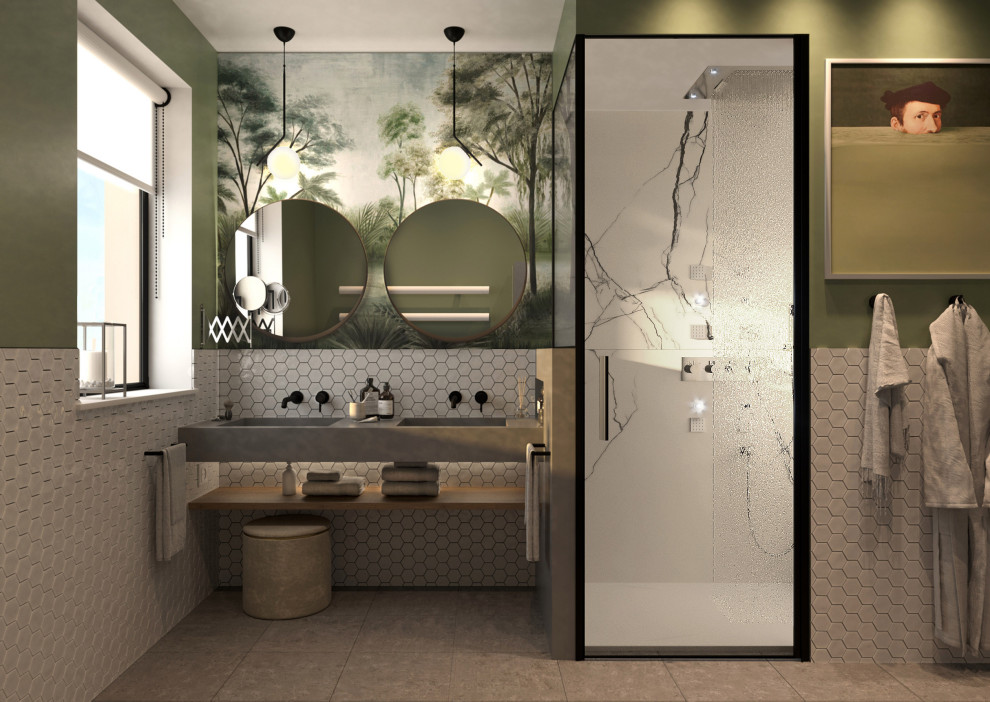 Idéer för stora eklektiska grått en-suite badrum, med öppna hyllor, grå skåp, en hörndusch, vit kakel, keramikplattor, gröna väggar, klinkergolv i keramik, ett integrerad handfat, bänkskiva i betong, grått golv och dusch med gångjärnsdörr