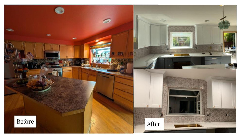 Eat-in kitchen - transitional u-shaped eat-in kitchen idea in Seattle with shaker cabinets, white cabinets, quartz countertops, beige backsplash, ceramic backsplash, an island and white countertops