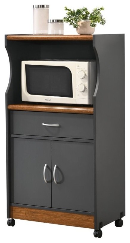 Hodedah Microwave Contemporary Wooden Kitchen Cart in Grey-Oak Finish