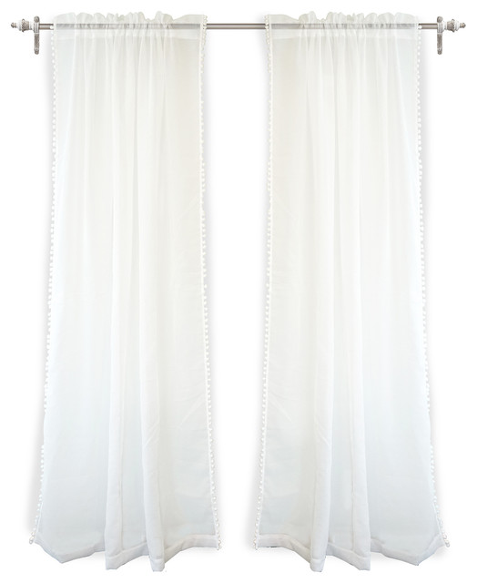 DriftAway Laura Pom Pom Sheer Window Curtains, Set Of 2, Plus 2" Header, White