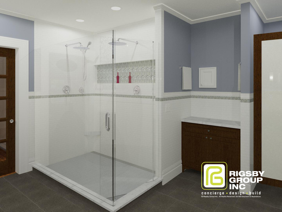 Transitional master gray tile and stone tile corner shower photo in Milwaukee with furniture-like cabinets, dark wood cabinets, marble countertops and blue walls