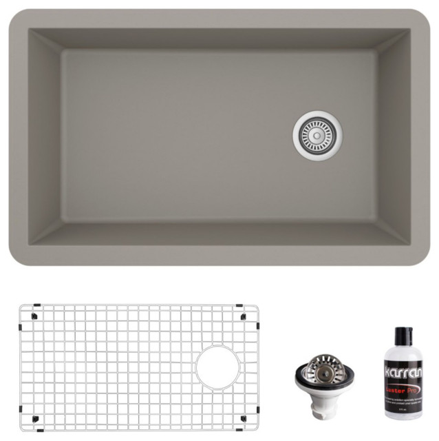 Karran Undermount Quartz 32" Single Bowl Kitchen Sink Kit, Concrete