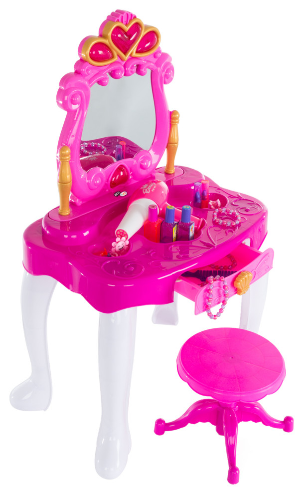 Princess Pretend Play Kid Vanity Stool Functional Mirror With Lights and Sounds