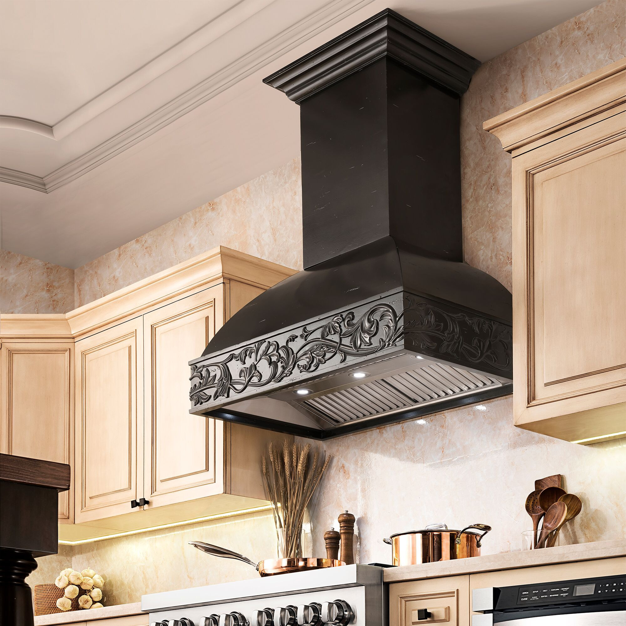 Kitchens featuring a ZLINE Wooden Wall Range Hood