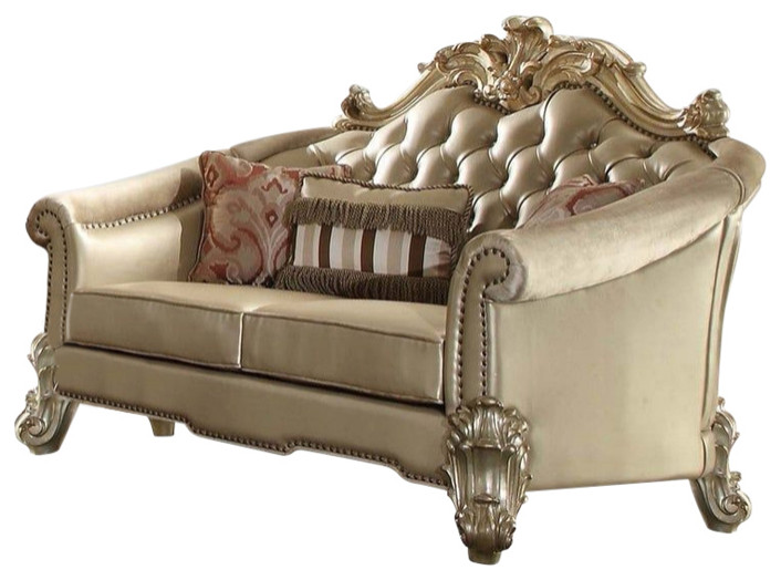 Vendome II Loveseat With 3 Pillows, Bone PU and Gold Patina