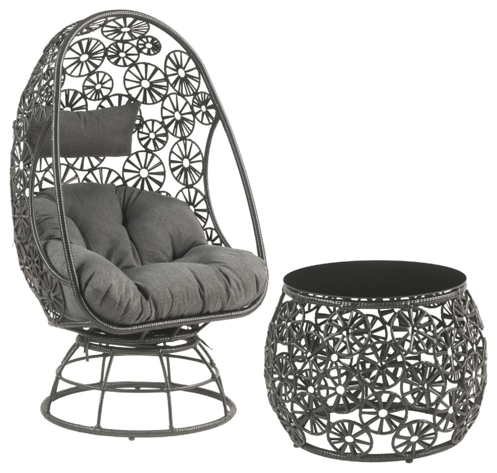 Benzara BM269038 2 Piece Patio Lounge Chair With Open Circular Motifs, Black