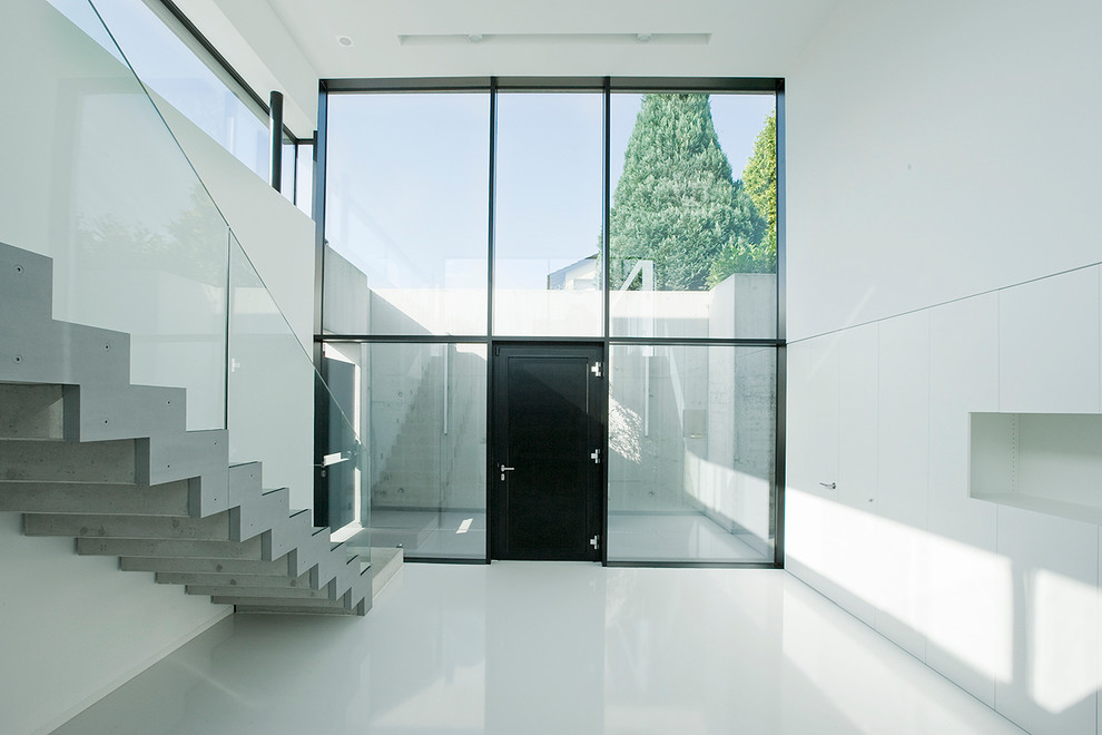 This is an example of an expansive modern foyer in Other with white walls, a single front door, a black front door and vinyl floors.