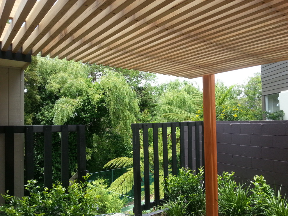 Mid-sized contemporary side yard verandah in Sydney with brick pavers and a pergola.