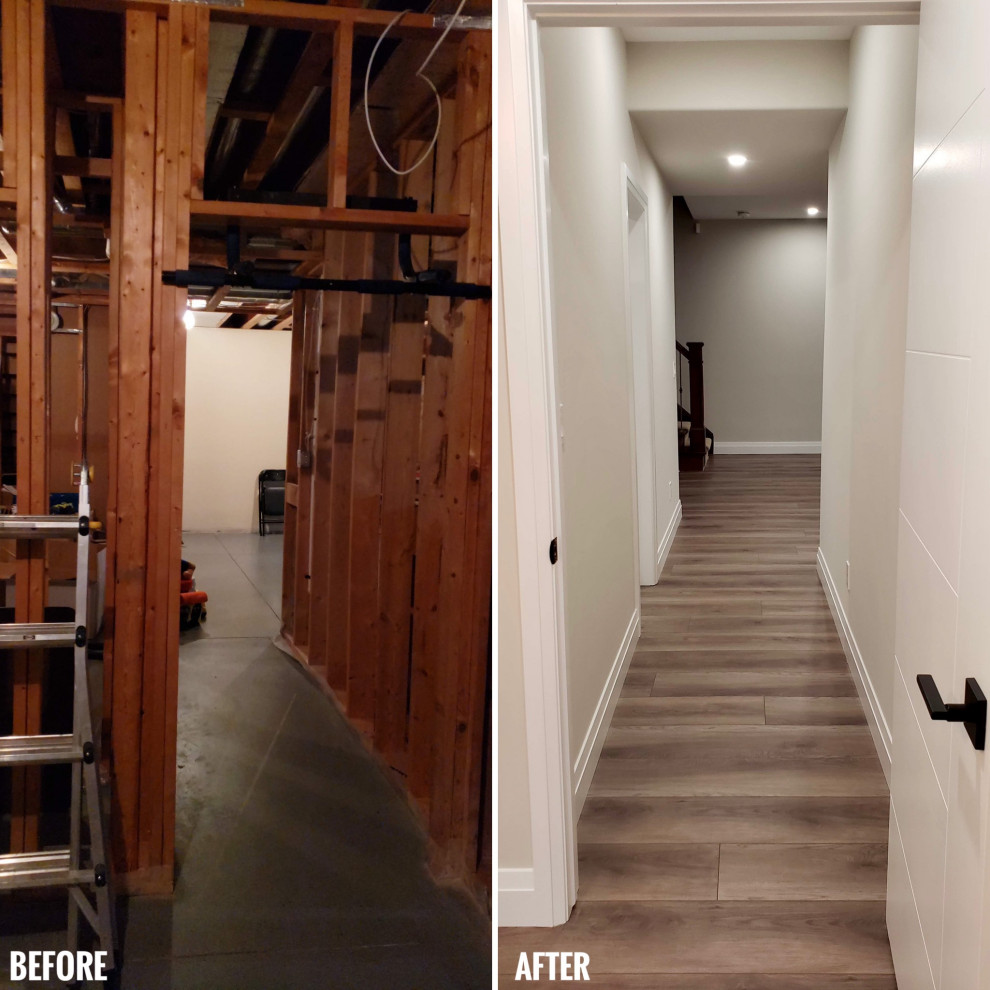 Example of a large transitional walk-out vinyl floor basement design